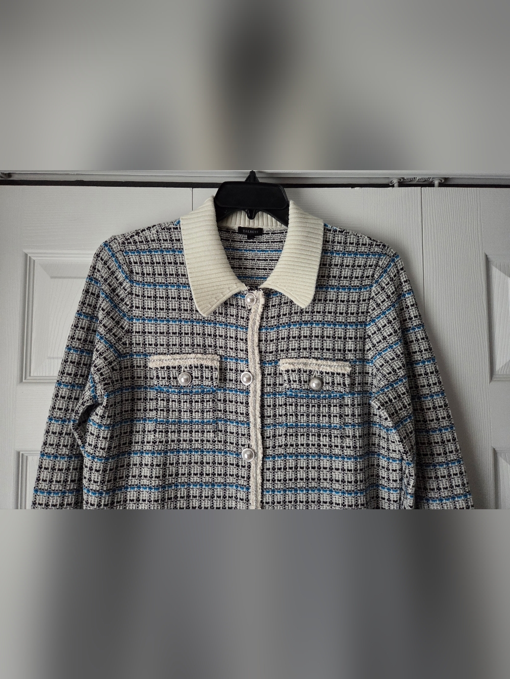 NWOT Talbots Cream and Blue Plaid Tweed Sweater Jacket Size L - Picture 4 of 14